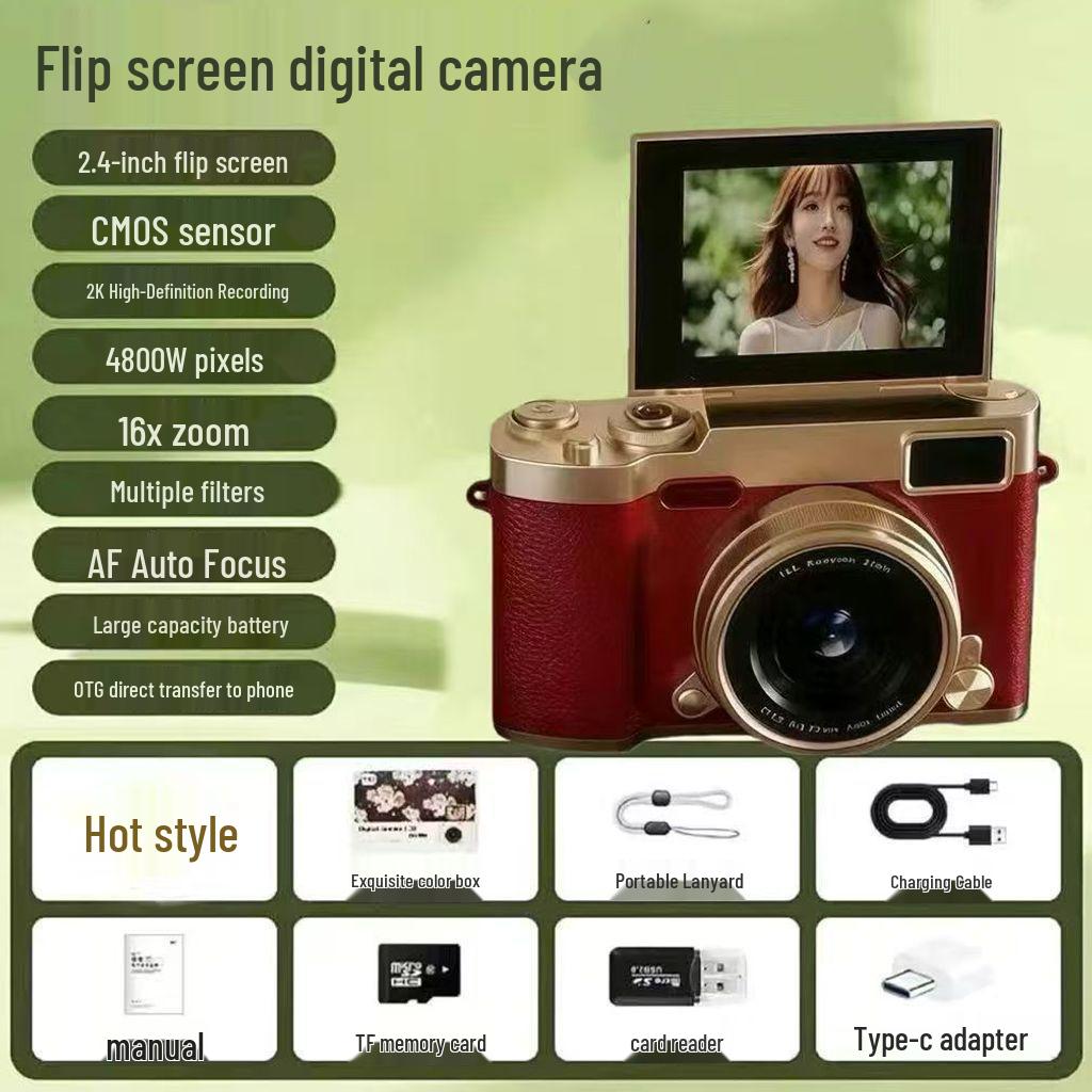 4K Digital Camera with Flip Screen for Selfies, 9600W HD High Pixel Quality