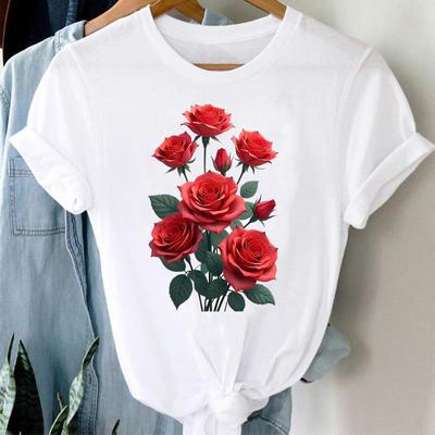 (Asian Size) Print Plant Flower Trend 90s Lady Women Tee Top Clothing Casual Flower Fashion Short Sleeve T Shirt Female Graphic T-shirts