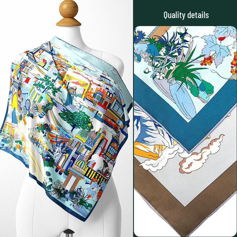 Retro Totem Pattern 16 Momme Silk Scarf - Luxe 100% Mulberry Silk Twill 90, Trendy and High-End. 90*90cm
