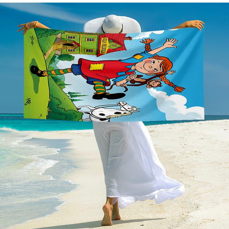 Ultrazachte Strandhanddoek met Pippi Langkous Thema, Ideaal voor Zwembad - Kamperen, Duiken - Perfecte Reis Essentieel, Levendige Strandhanddoek.