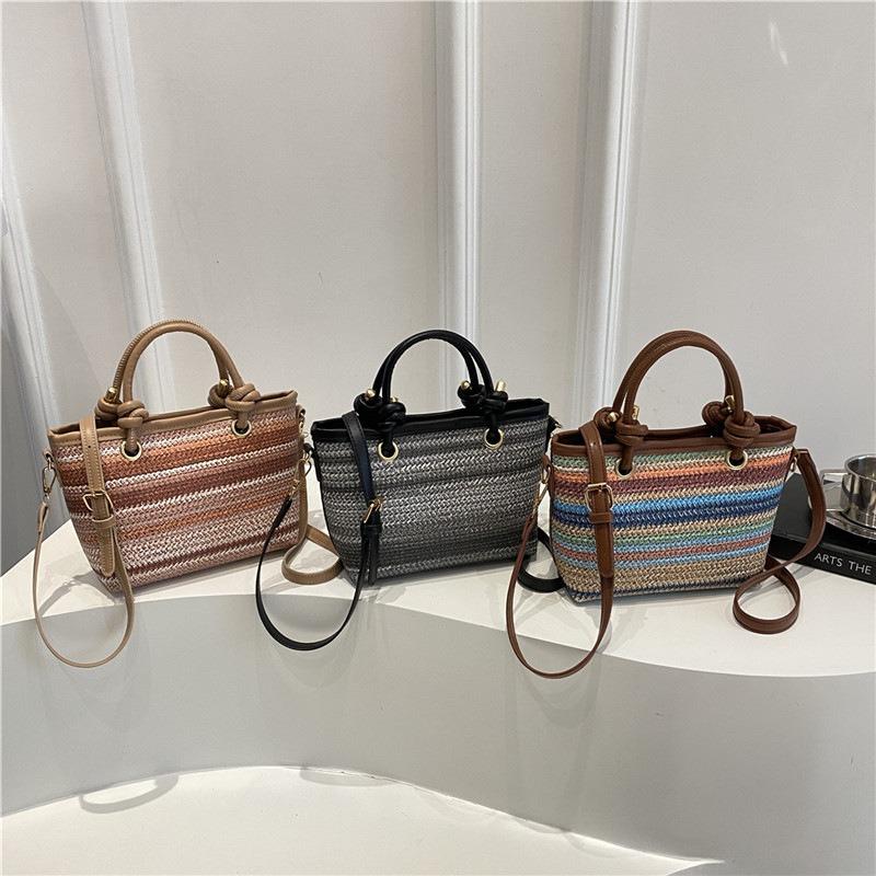 Portable Bucket Bag Women's Bag Summer New Straw Woven Contrasting Shoulder Bag Trendy Messenger Bag