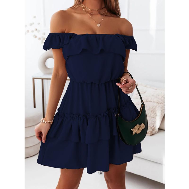 S-XXL New Summer Women's Solid Color Sling Stitching Double Layer Ruffle Dress Long Dress