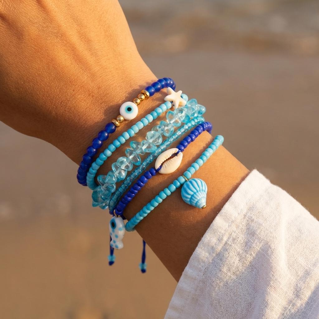 Bohemian Fish Shell Starfish Elastic Beaded Bracelet Set for Women Delicate Imitation Pearl Chain Bracelet Ocean Jewelry Gift