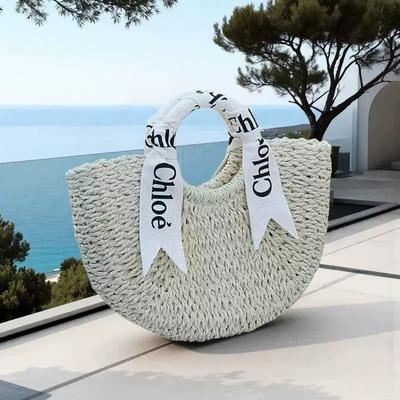 Mektup Kurdeleli Çapraz Çanta Yarı Yuvarlak Örgü Her Şeyle Uyumlu El Çantası Tatil Plaj Saplı Yuvarlak Kova Kadın