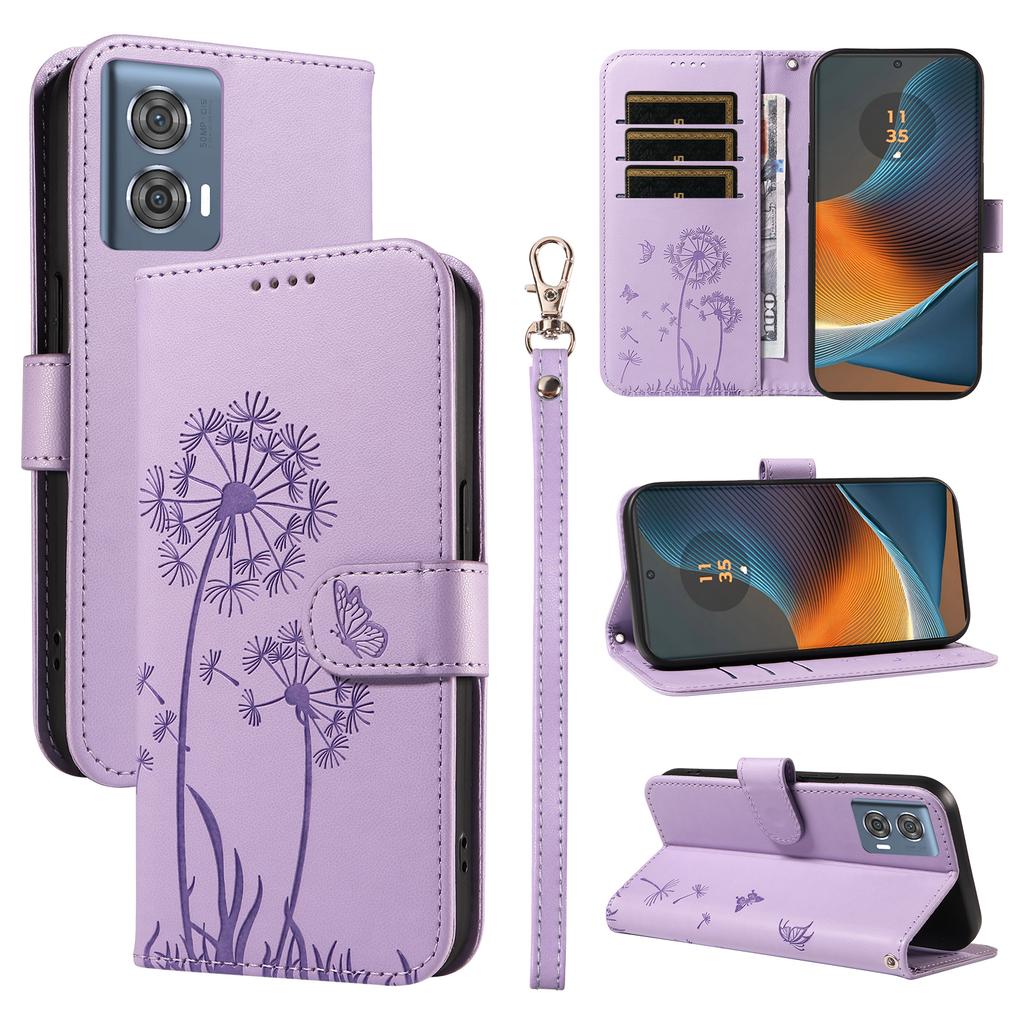 For Motorola Edge 50 Fusion 5G Leather Wallet Case with Strap Dandelion Imprint Phone Stand Cover