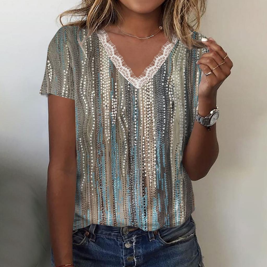 Women Casual Loose Shirts V Neck Short Sleeve Flower Print Lace Tops T-shirts Tee