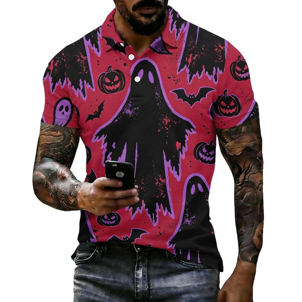 Men's Halloween Print Vintage Texture Short Sleeve Polo Shirt Loose Breathable Summer Sports Street Casual Daily Wear Top
