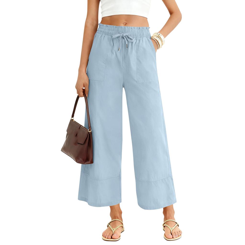 Pantalon Femme Élastique Taille Haute Coupe Décontractée Jambe Large Pantalon Long Pantalon Avec Poches