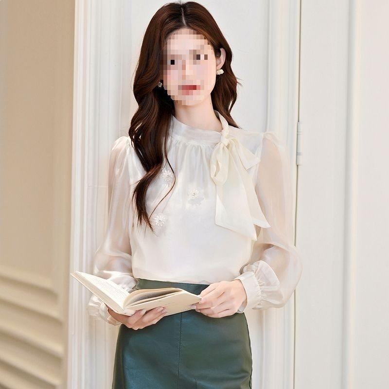 Romantic French Collared Butterfly Tie Blouse With 3d Effect For Spring Office Wear