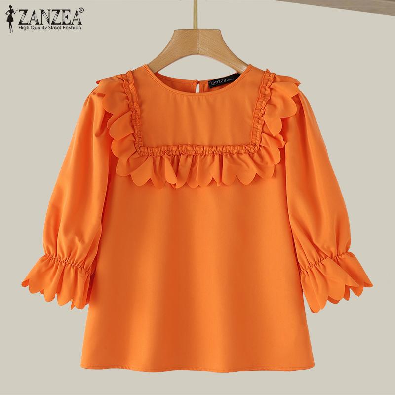 ZANZEA Women Summer Fashion Round Neck Wave Edge Lantern Short Sleeve Blouses