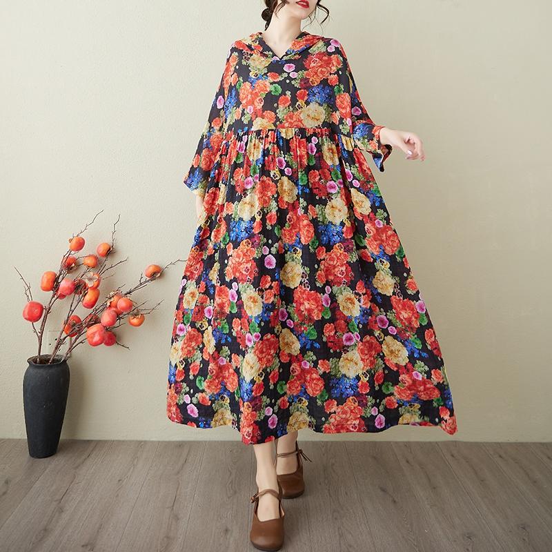 DIMANAF 2025 Sommer Damen Übergröße Basic Kleid Kapuze Plissee Lässig Lang Locker Vintage Blumenkleid Maxi