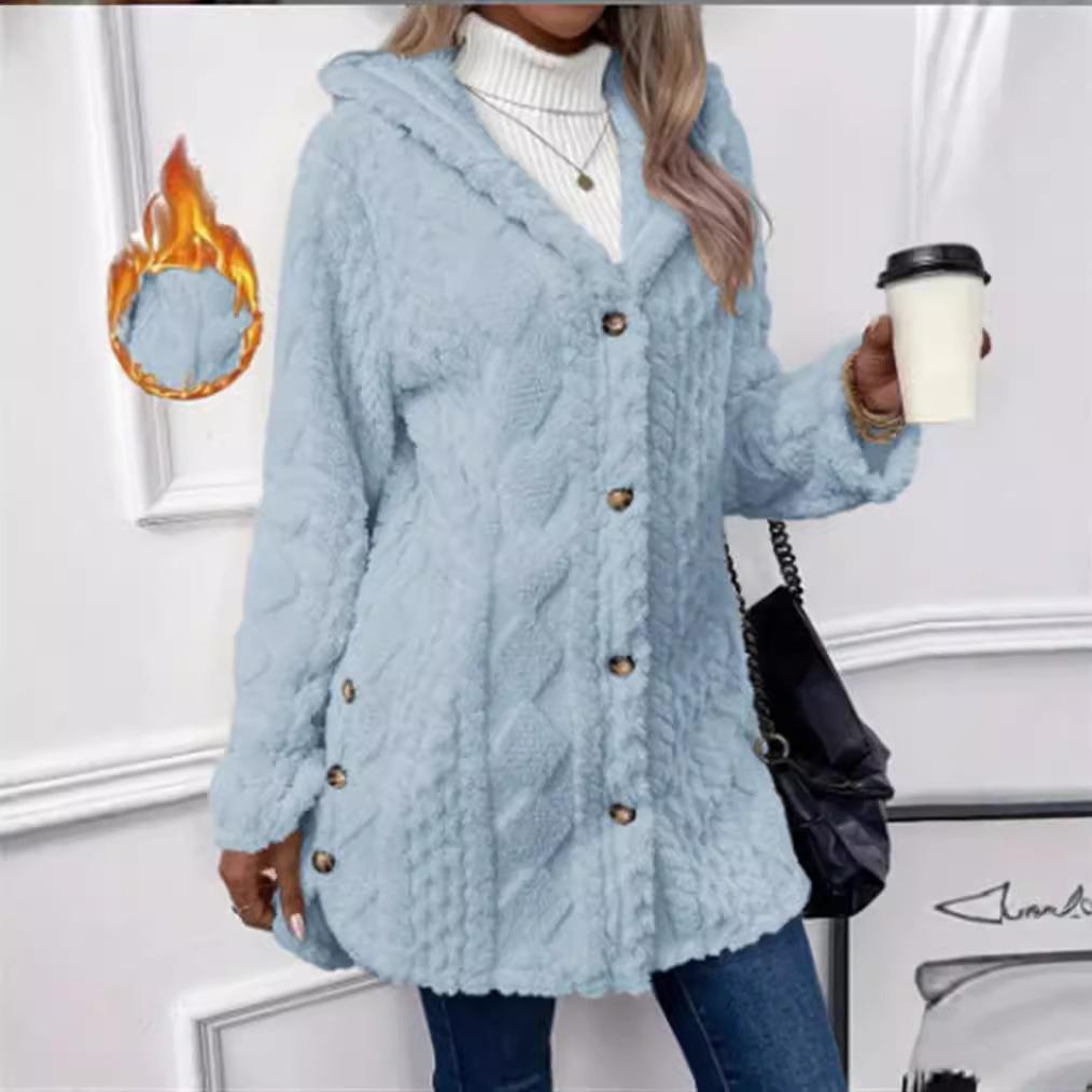 Women Cardigan Hoodie Jacket Autumn Winter Argyle Textured Pattern Hooded Irregular Hem Buttons Fleece Oversized Outerwear Coat