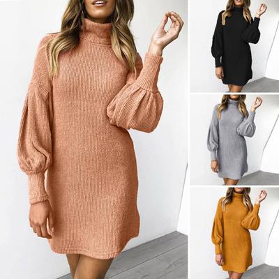 Women Dress Knitted Solid Color High Collar Neck Protection Long Lantern Sleeve Loose Elastic Thick Warm Thread Robe Sweater Dress Mini Dress