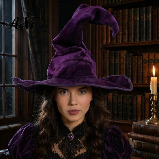 Full Color Matte Witch Hat for Women, Large Ruched Velvet Wizard Twisted Halloween Party Headwear Party, Cosplay Costume, Stage Performance Accessory