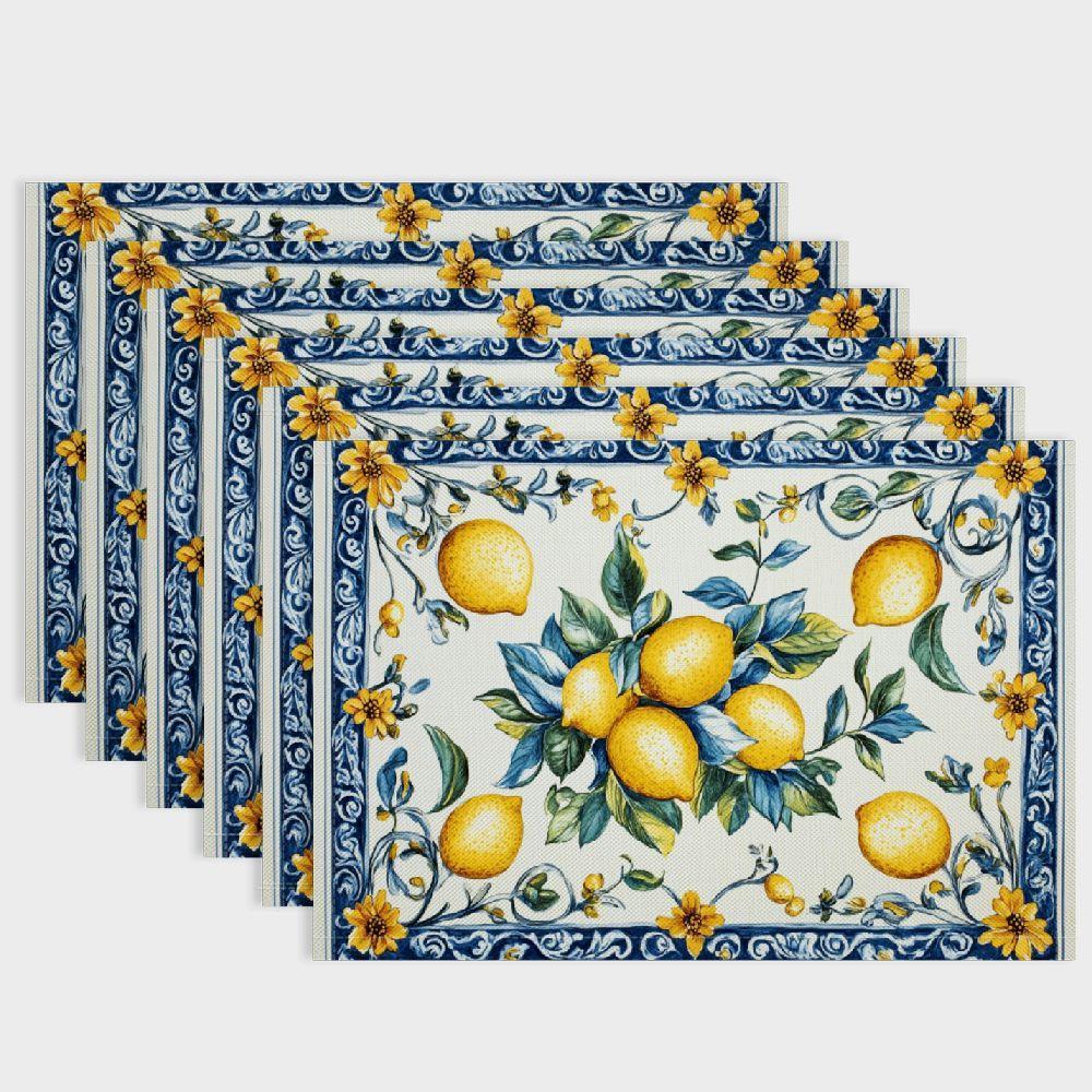

Lemon Flower Placemat Linen Blend Mediterranean Style Table Mat for Kitchen Dining Decor Gift Set of 6 4Pcs-30X45cm(12X18in