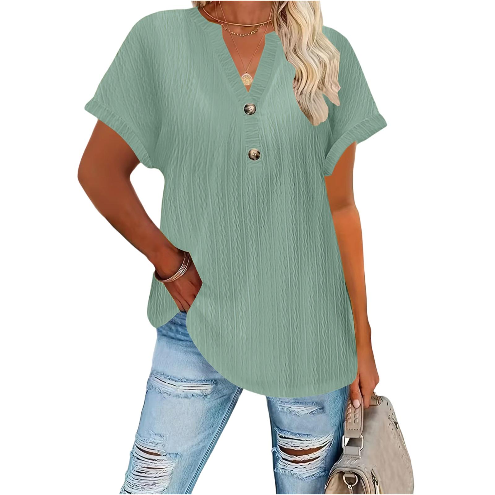 Women s Fashion Casual Button-Up V Neck T Shirt Pullover Short Sleeve Top XL зелёный