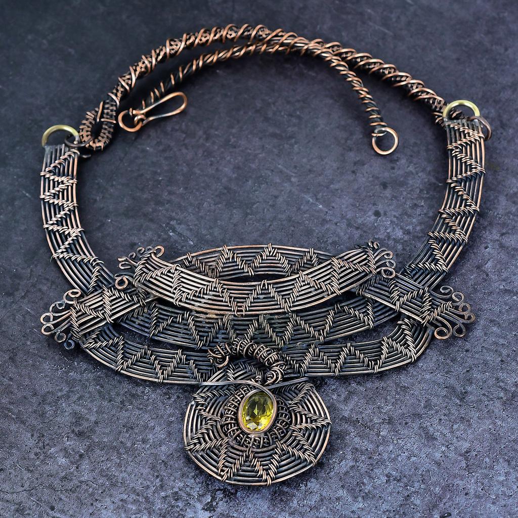 Natural Citrine Gemstone Handmade Copper Wire Wrap Jewelry Necklace 18" Q2g83