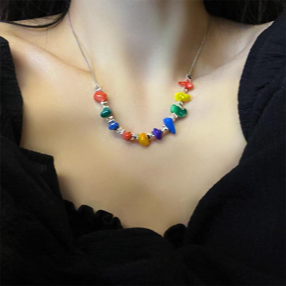 Sweet and cool dopamine color beaded necklace female summer design collarbone chain cold wind pearl neck chain