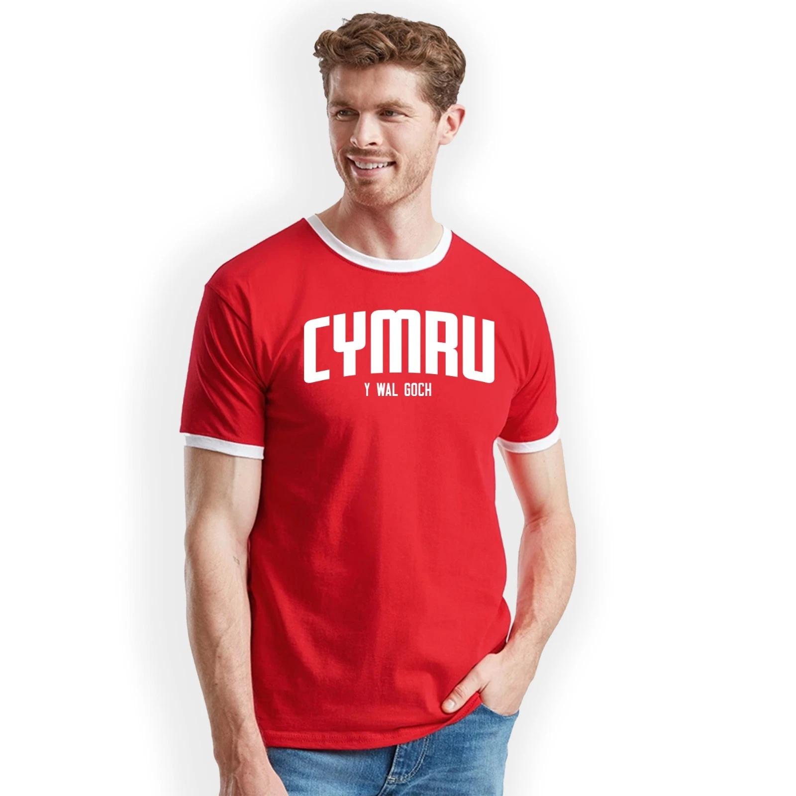 Cymru Y Wal Goch Football Ringer T-Shirt Birthday Gift Wales Home Nations L
