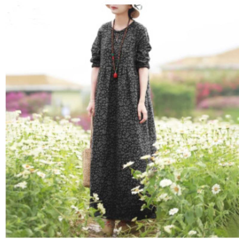 Spring Autumn Style Ethnic Style Long Style Loose Fit Slimming Cotton Linen Small Floral Dress