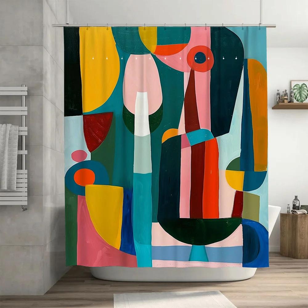 

Abstract Colorful Art Shower Curtain Modern Watercolor Design For Bathroom Decorations – Vivid Geometric Shapes In Yellow, Blue, W60H190(CM)-1 Pcs