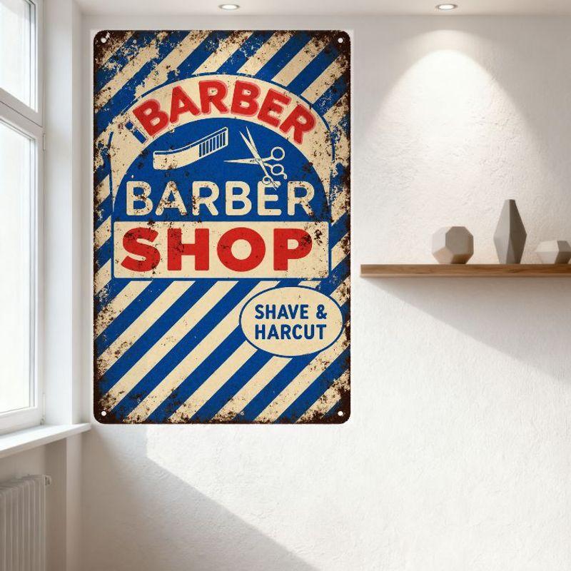 Vintage Blue & White Striped Barber Shop Metal Tin Sign with Rust Wear, Red 'BARBER' Arched Over Comb/Scissors, Shave & Haircut