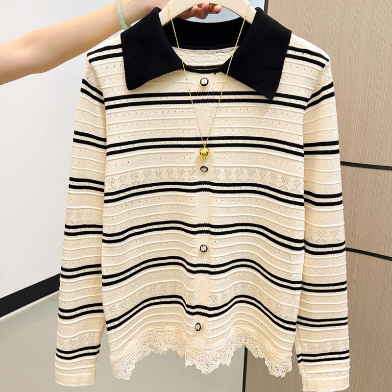 Autumn and Winter New Lapel Striped Knitted Sweater Lace Splicing Long-sleeved Women's Sweater