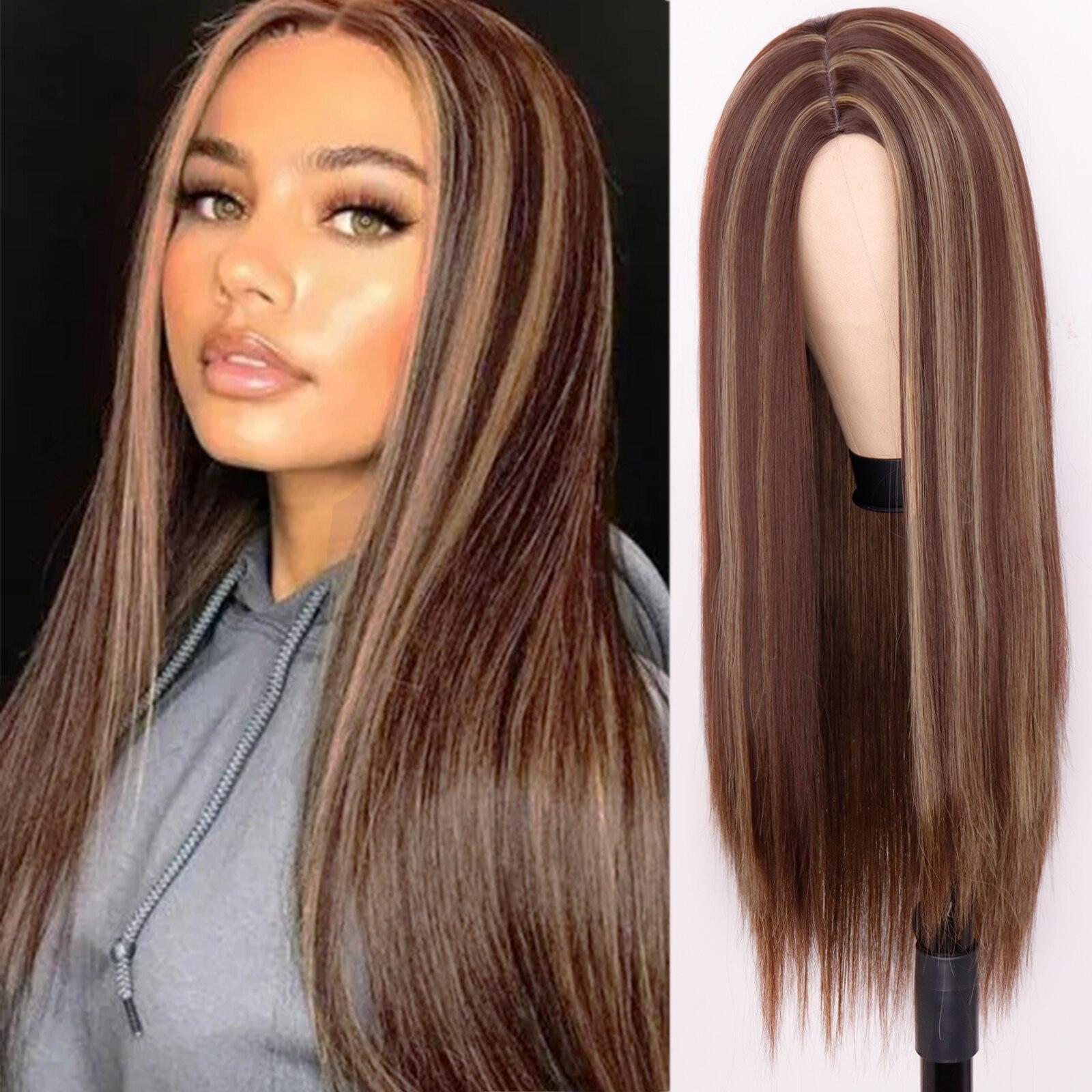 

MISS WIG Длинный прямой парик средней точки, смешанные темно-коричневые и светлые двухцветные парики, подходят для черных/белых женщин, повседневные парики/парики для косплея