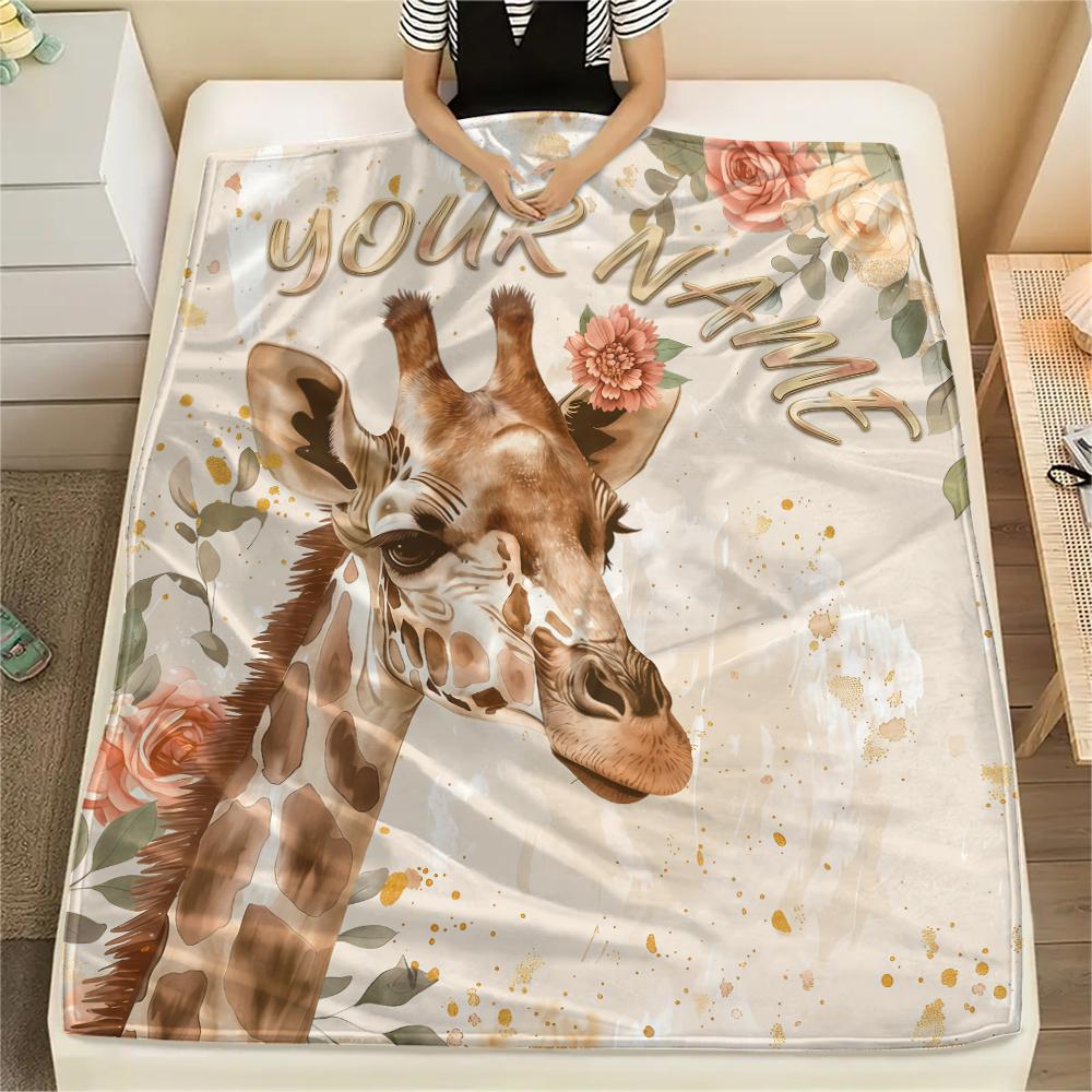 1PC Custom Name Giraffe Floral Name Art Patterned Flannel Blanket Suitable For All Seasons for Home Decor Warmth and Comfort Gifts Holiday Present_lx