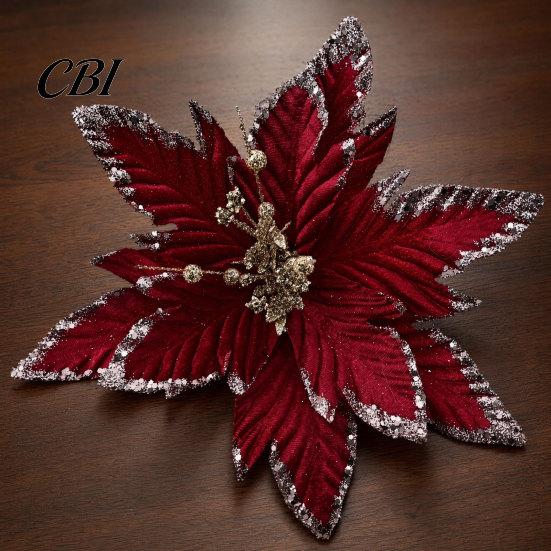 Velvet Poinsettia Decorations Artificial Flowers, Handmade Bead Cluster Christmas with Gold Glitter Fabric Decorative Flower Picks Petals, Reusable