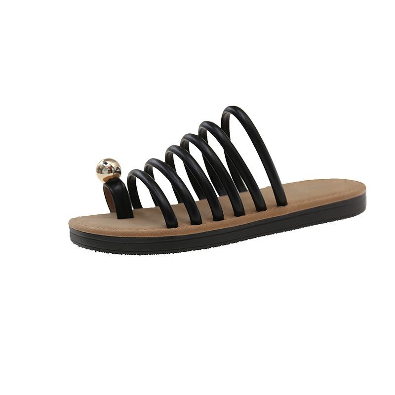 

2025 summer new fashionable versatile women s cool slippers comfortable flat-bottomed toe slippers casual wear beach slippers 42 чёрный
