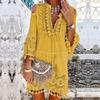 Bohemian Off-Shoulder Embroidered Maxi Dress with Fringe and Lace Trim