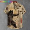 Vintage Japanese Cat Archery Shirts Daily Men Women Street Polyester Retro Shirt Short Sleeve Loose Button Up Blouses Tops