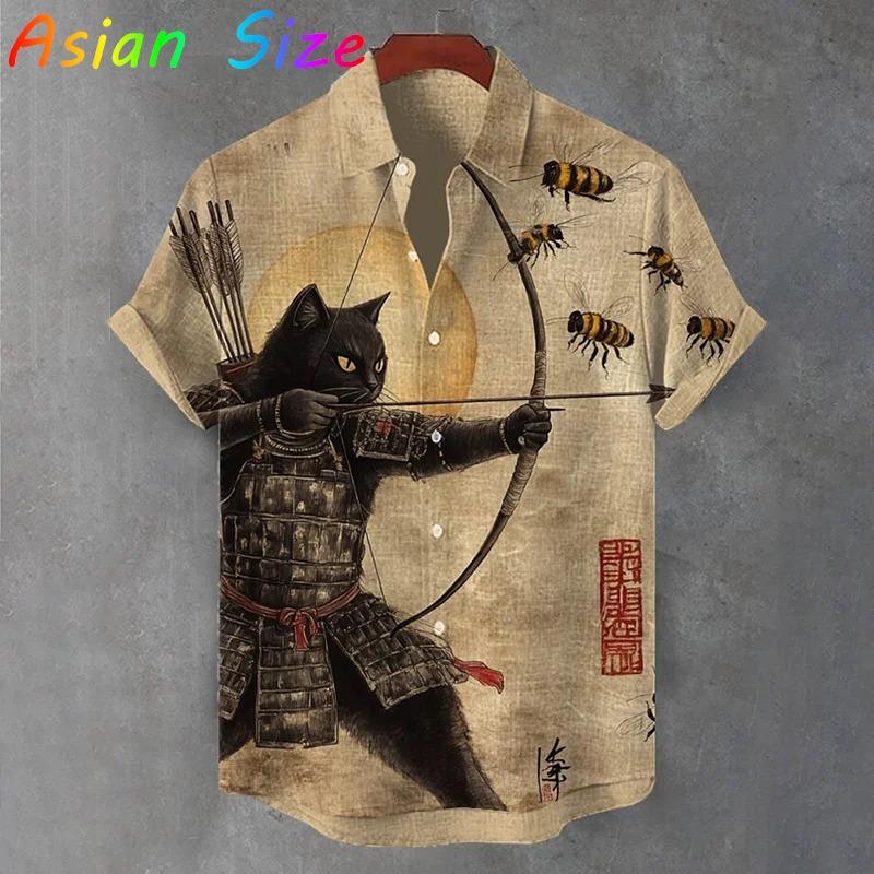 Vintage Japanese Cat Archery Shirts Daily Men Women Street Polyester Retro Shirt Short Sleeve Loose Button Up Blouses Tops