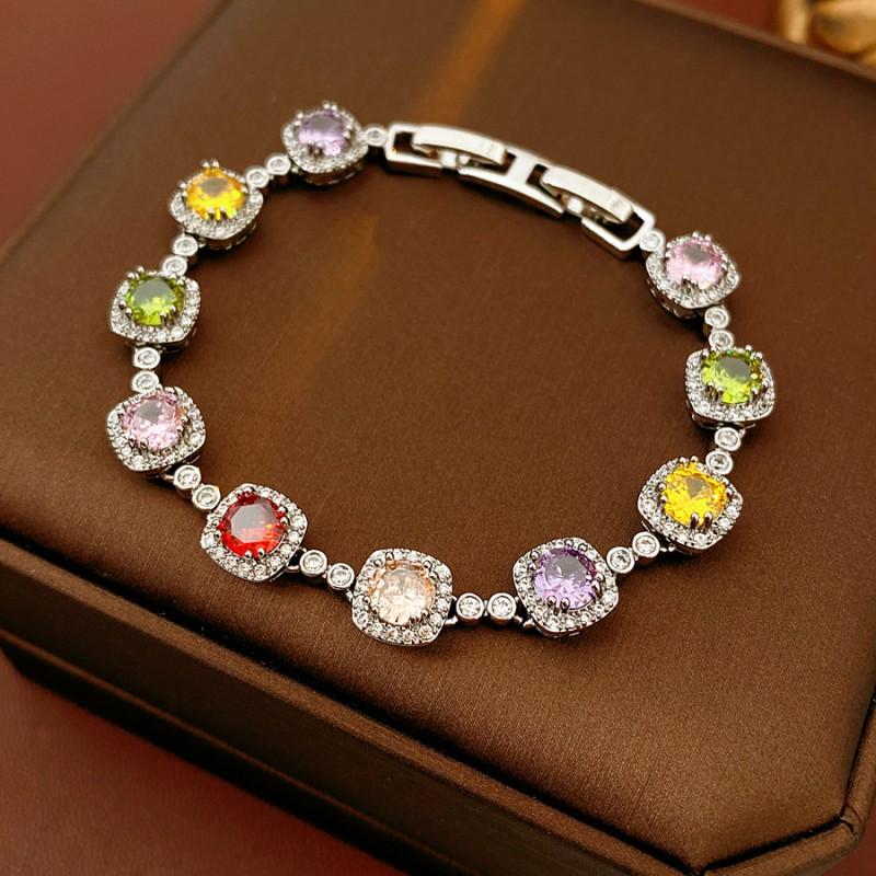 Vintage-Inspired Round Zircon Clip Bracelet Women Silver-Tone Copper Alloy With Colorful Gemstones Geometric