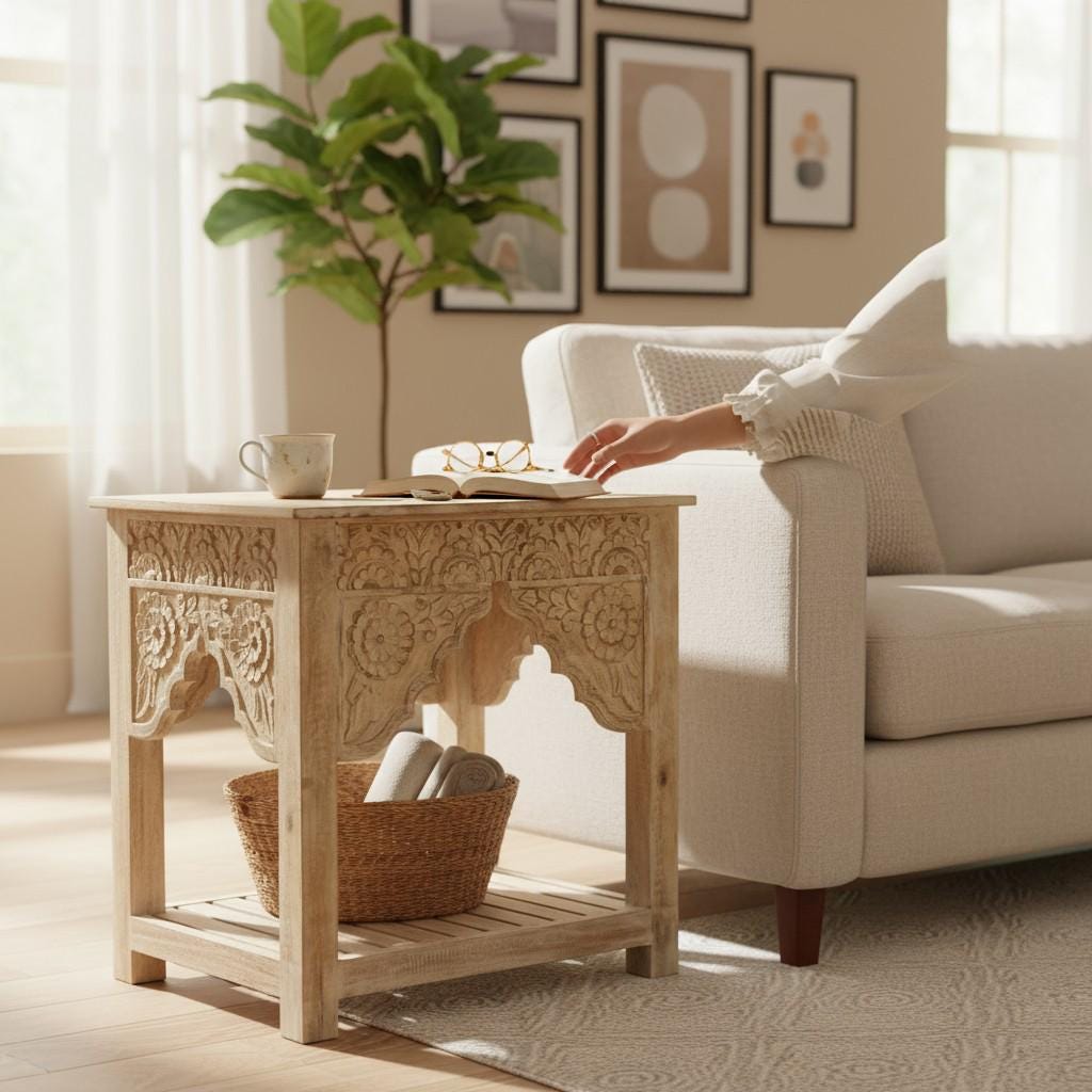 Hand-Carved Wooden Console Side Table Nightstand with Floral Bedside Table with Shelf | Solid Mango Wood Accent Table Traditional Table