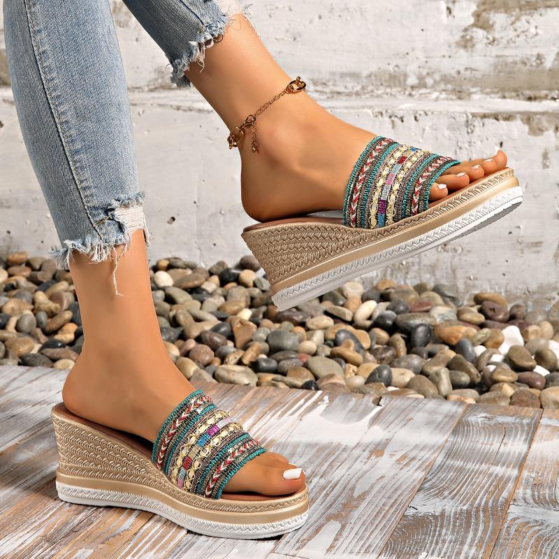 Summer New Flat-bottomed Slope Heel Cool Slippers Women's Muffin Thick-bottomed Colored Sequins Student One-word Slippers