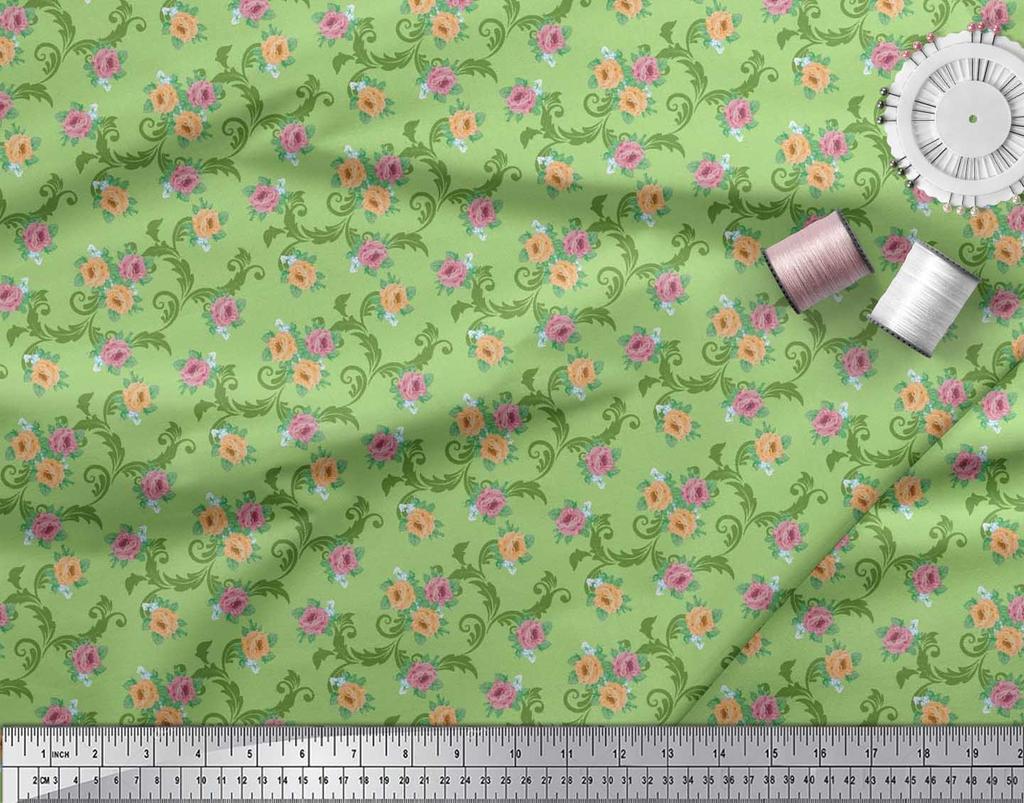 Soimoi Japan Crepe Satin Fabric Swirl,Leaves & Rose Floral Printed Fabric 1 Metre 42 Inch