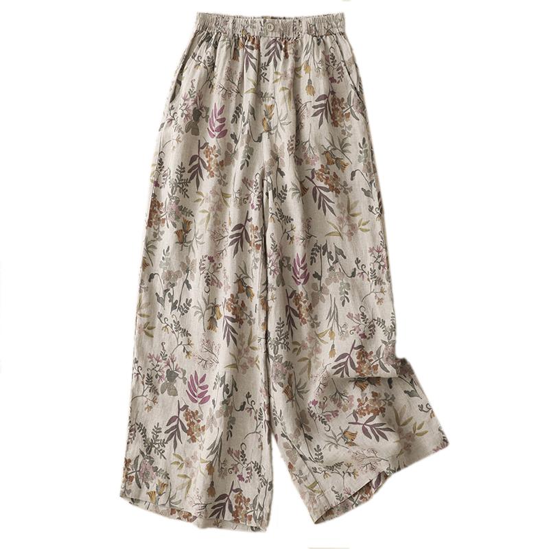 DIMANAF 2026 Summer New Plus Size Women Long Pants Cotton Linen Vintage Loose Elastic Waist Casual Lady Bottoms Print Floral