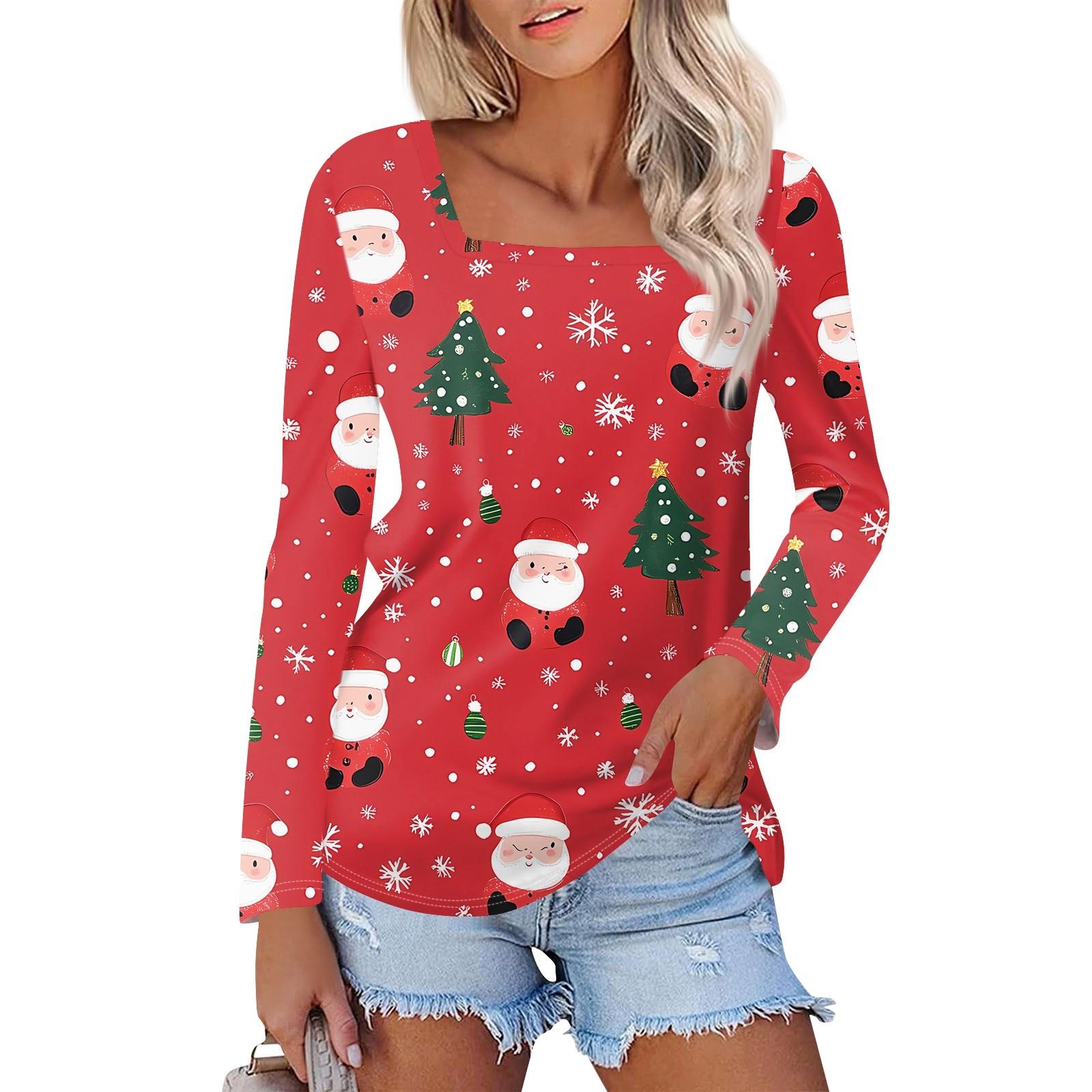 

Рубашка для женщин, модная, повседневная, с квадратным вырезом, длинным рукавом, свободная, с рождественским принтом, женская футболка, топ XXL киноварь