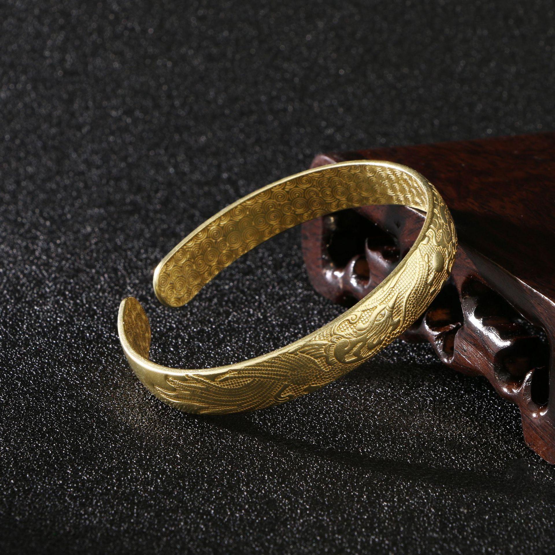 

[Vintage Dragon Phoenix Bangle Cuff for Couples Brass Carved Jewelry Open Bracelet] Approximately 1cm wide