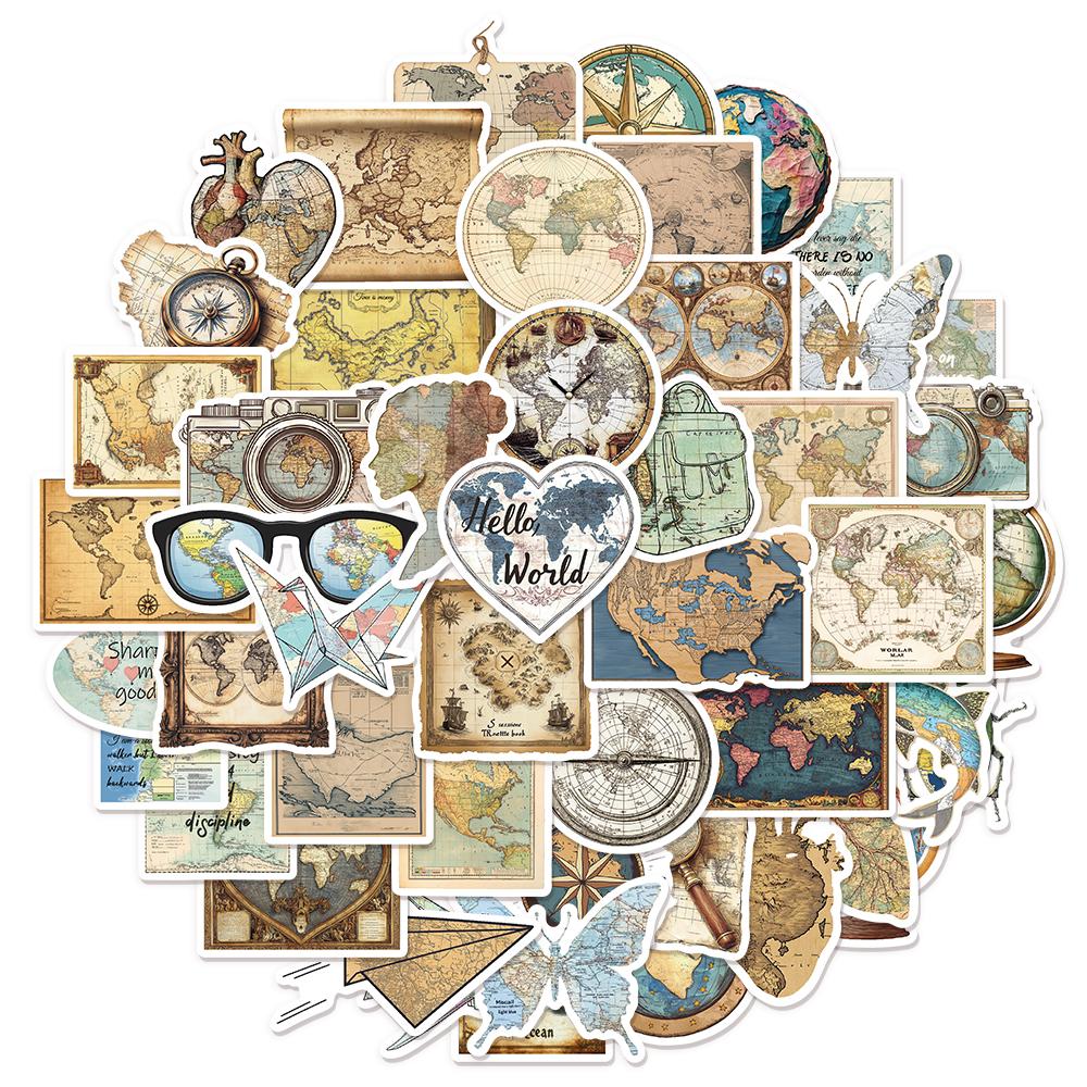 50PCS Retro Map Graffiti Stickers DIY Handbag Luggage Skateboard Water Cup Notebook Waterproof Stickers