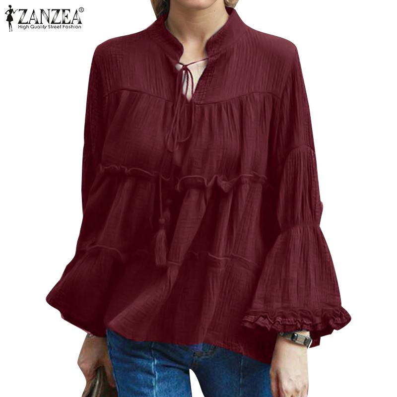 ZANZEA Blouse Décontractée pour Femme à Col Rond et Couleur Unie, Ample, à Manches Lanternes