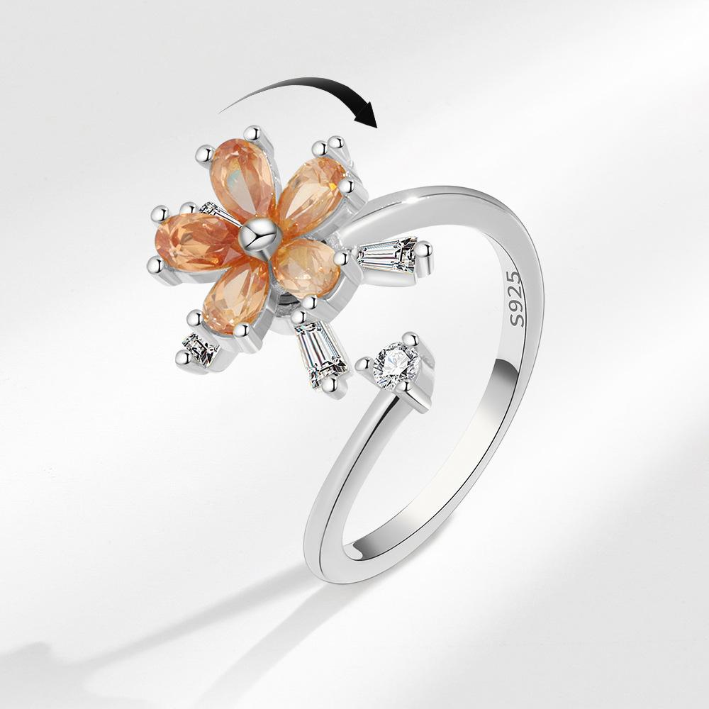 Flower Zircon Spinning Ring For Women Anxiety Relief Rotatable Stress Reducer Fashion Versatile Adjustable Band Jewelry