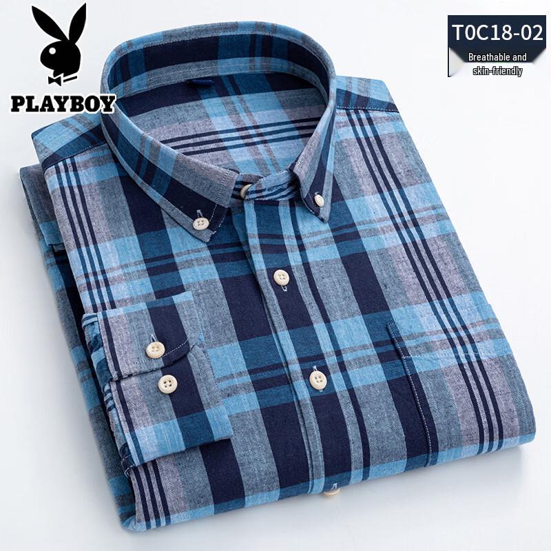 PLAYBOY Men s Cotton Linen Plaid Long Sleeve Shirt 4XL