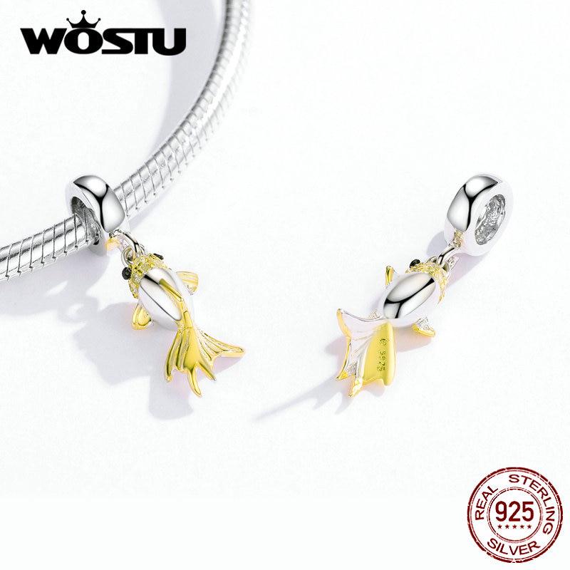 WOSTU Authentic 925 Sterling Silver Golden Koi Charms Fit Original Bracelet Pendant Zircon Beads