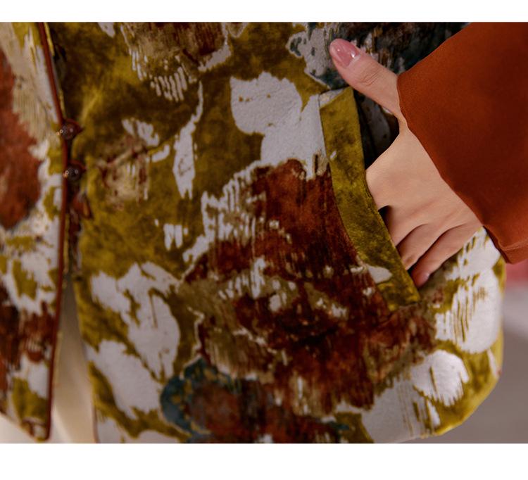 Autumn/Winter Velvet Silk Ink Paint Print Coat - Women's Retro Chinese Style Top