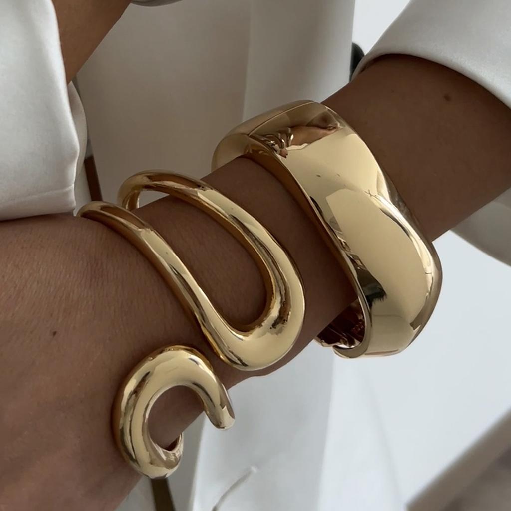 Salircon Trendy Semplici Geometriche Lisce Larghe Bracciali a Molla per Donne Doppio Strato Curvo Bracciale in Metallo Gioielli da Festa per Signore