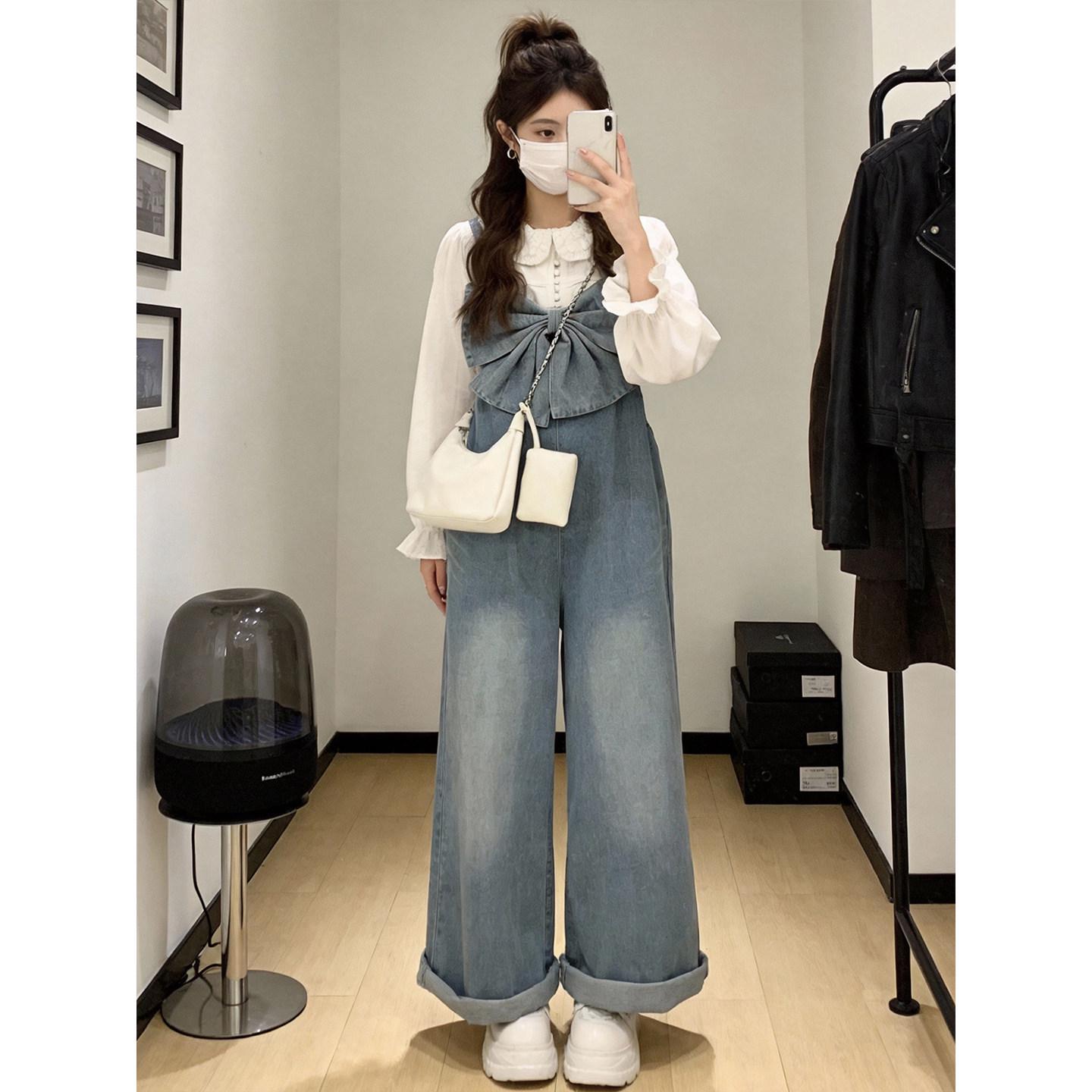 

Korean Style Spring 2026 Bowknot White Denim Wide-Leg Rolled-Up Overalls S