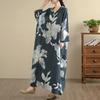 DIMANAF 2025 Women Plus Size Spring Long Dress Loose V-Neck Printing Vintage Casual Floral Oversize Long Sleeve 5060